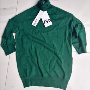 NWT Zara Knit Green Knit 3/4 Sleeve Turtleneck Sweater S